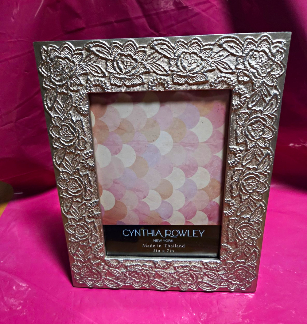 Cynthia Rowley Silver Matte Metal Floral Ornate Photo Frame Holds 5x7"
